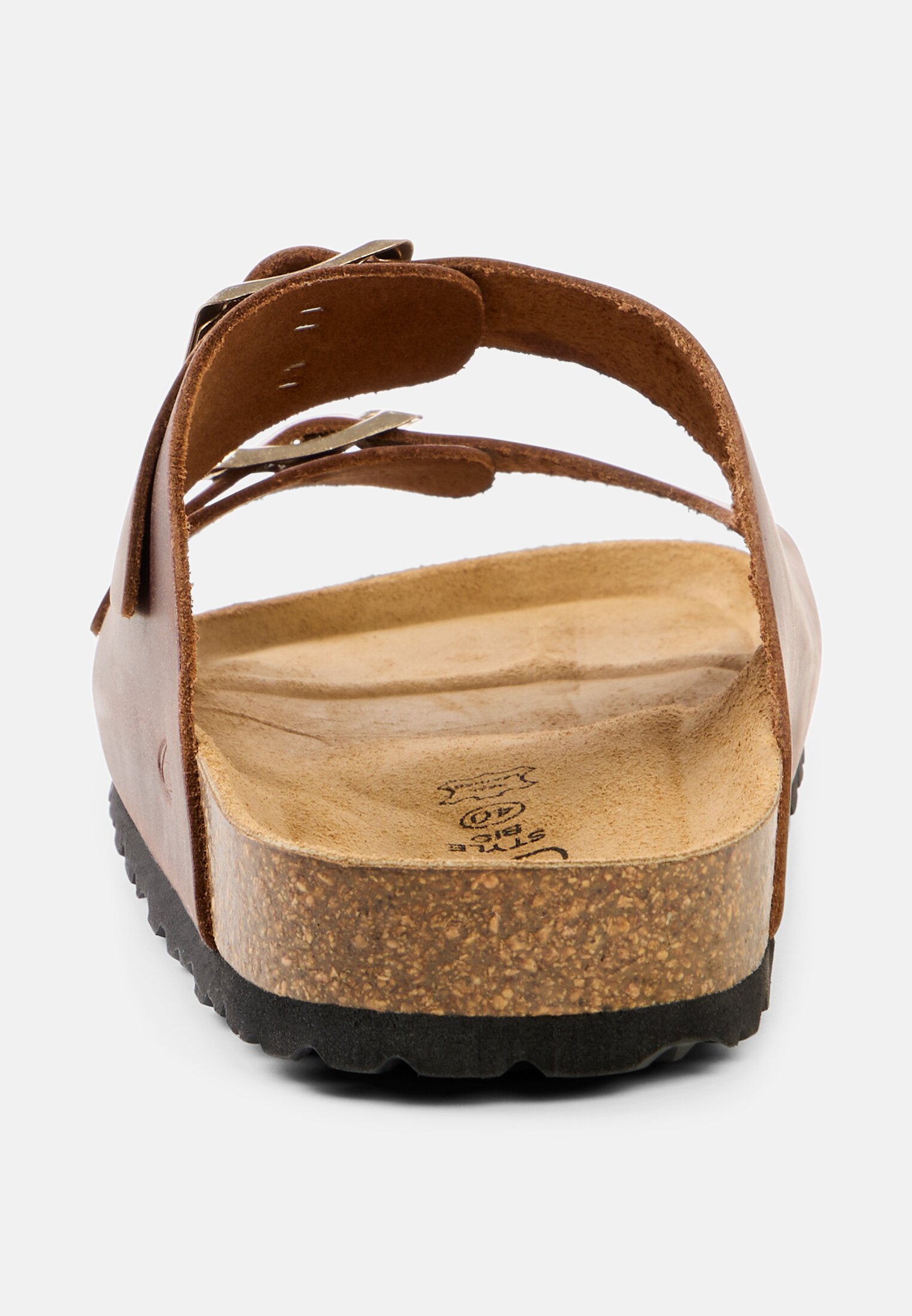 Damen Leder Pantolette mit Korkfußbett Braun vorne nah