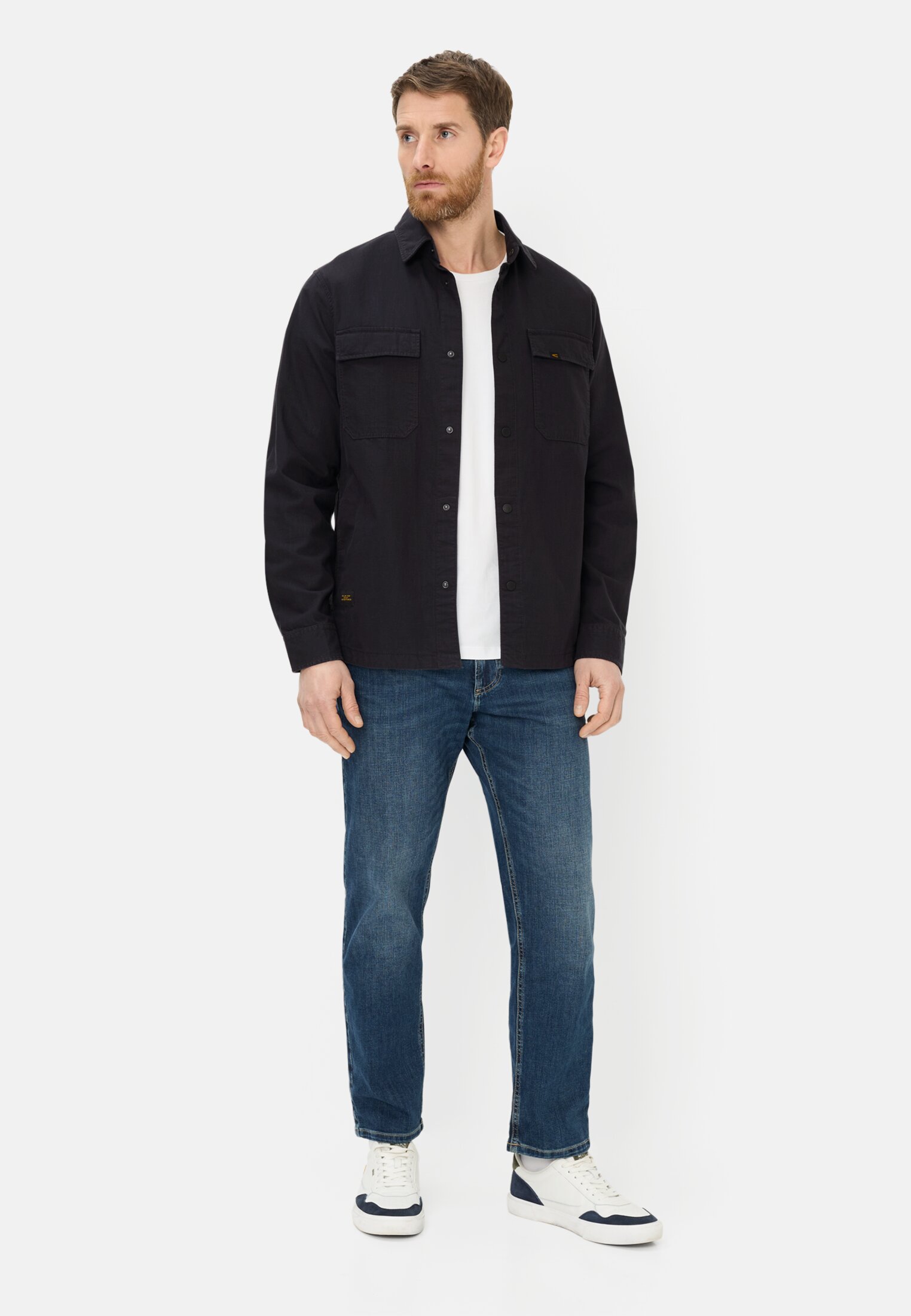 Men Overshirt with pockets Navy Blue worn front full body