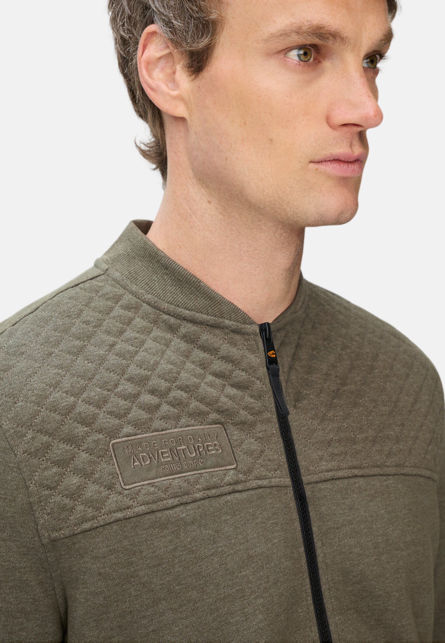 Men Sweat bomber jacket with sleeve pocket Olive green worn detail close