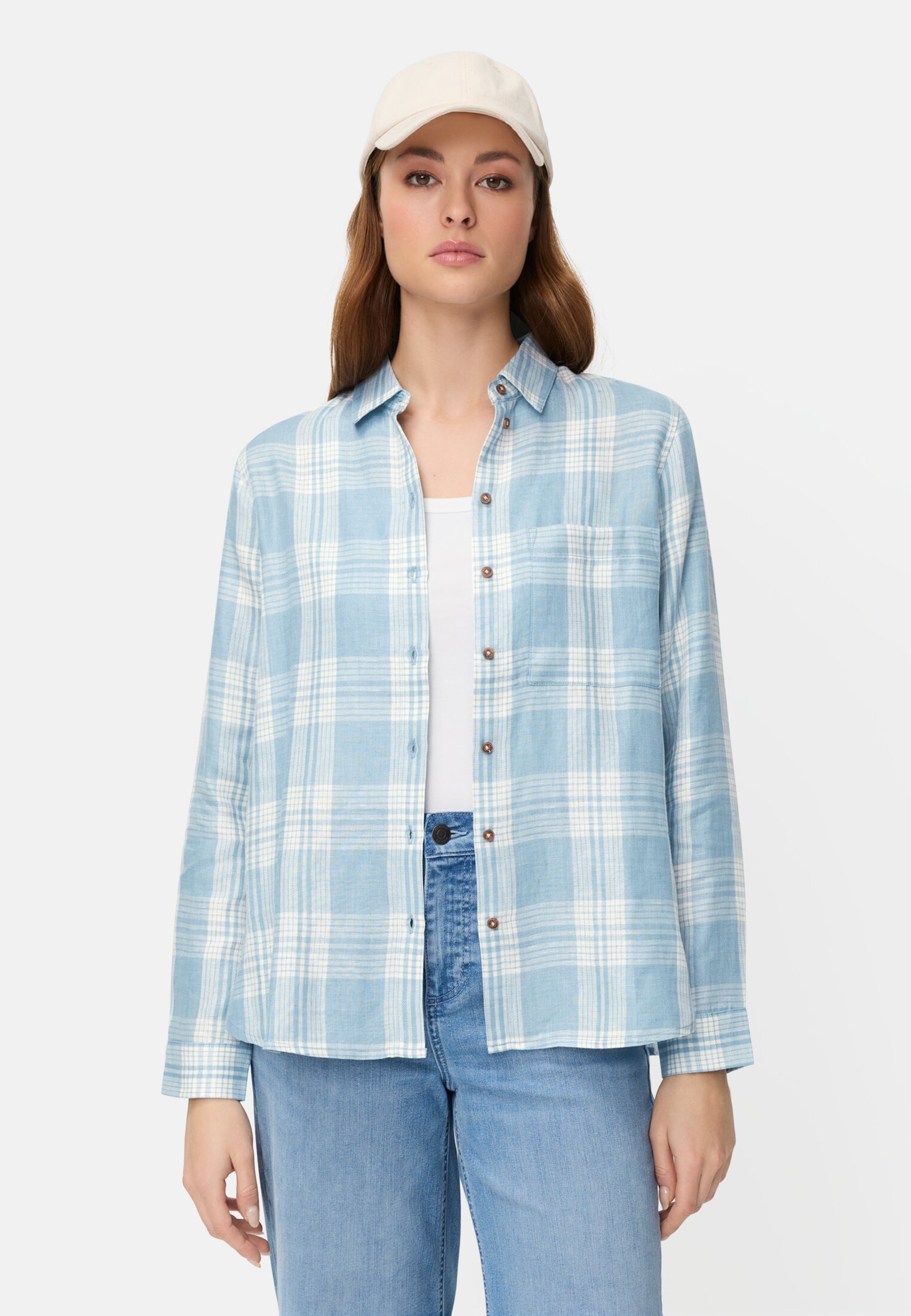 Damen Karierte Bluse mit Knopfleiste Hellblau getragen vorn