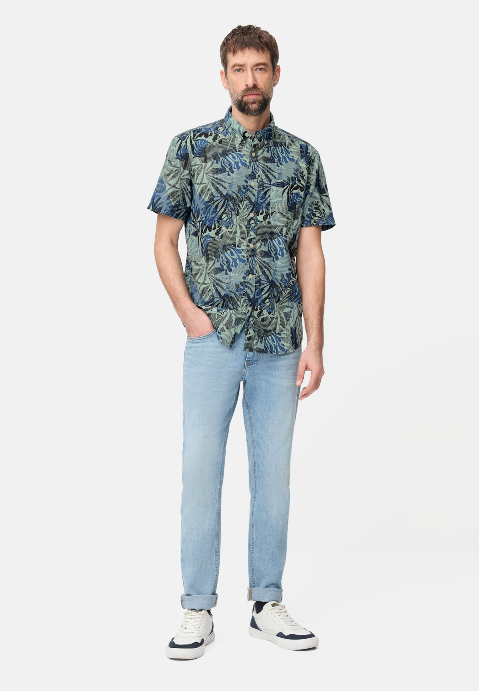 Heren Korte mouwen shirt van puur katoen Indigoblauw gedragen voor lichaam compleet