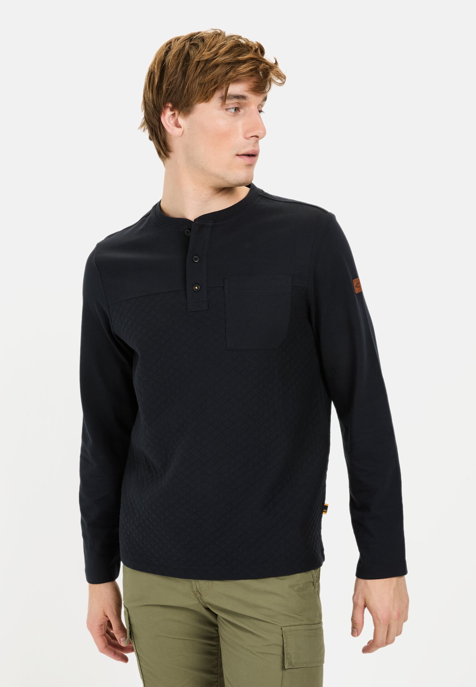 Men Long sleeve Henley with chest pocket Dark Blue worn front