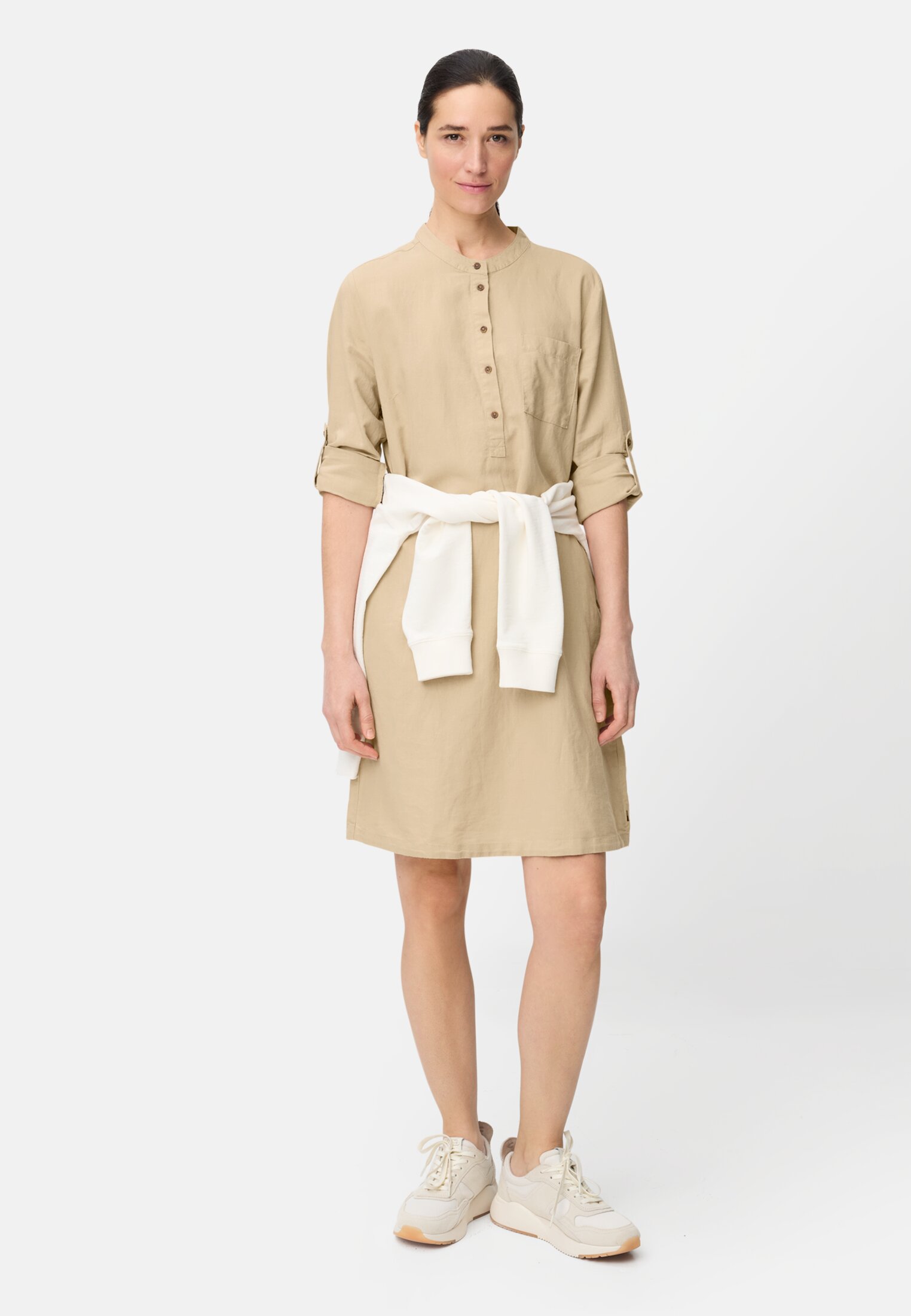 Women Shirt dress with stand-up collar Sand worn front full body