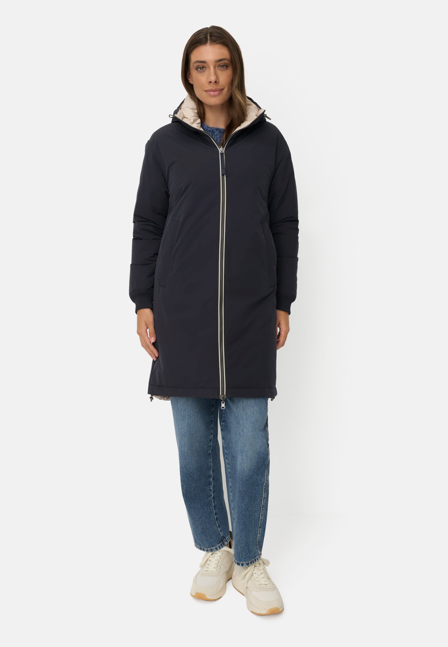 Vrouwen Wendbare mantel met 2-wegsrits Marineblauw gedragen voor lichaam compleet