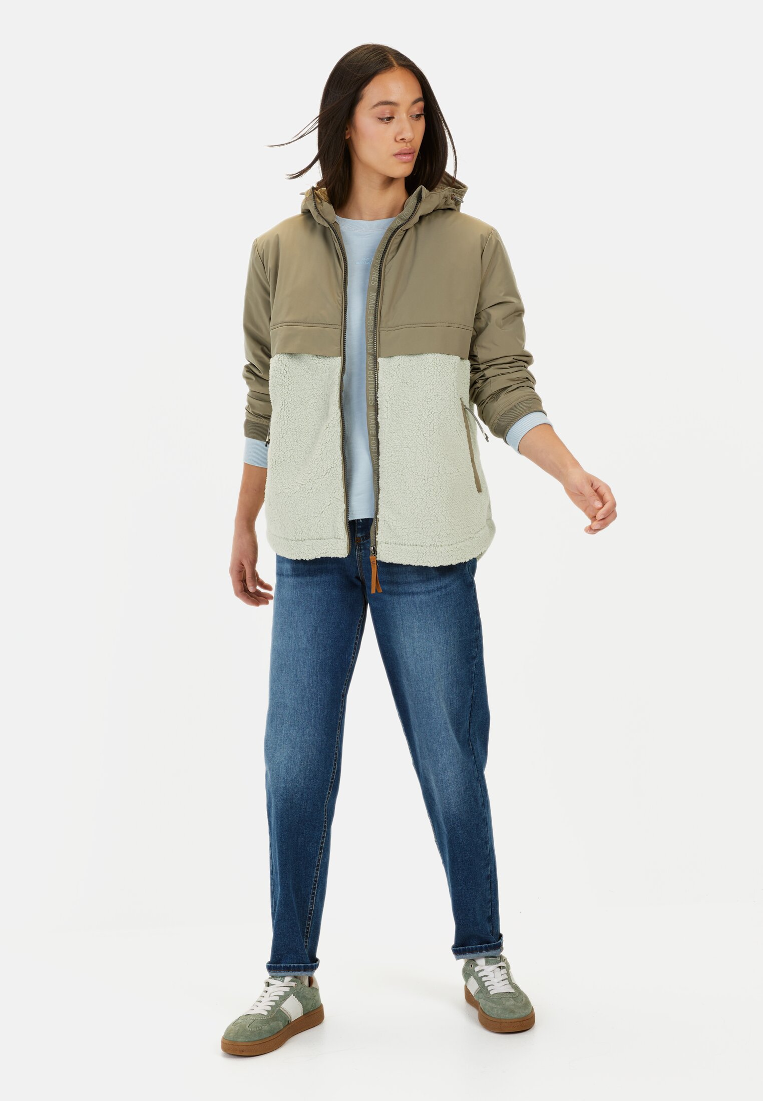 Women Teddy jacket with hood Sage worn front full body