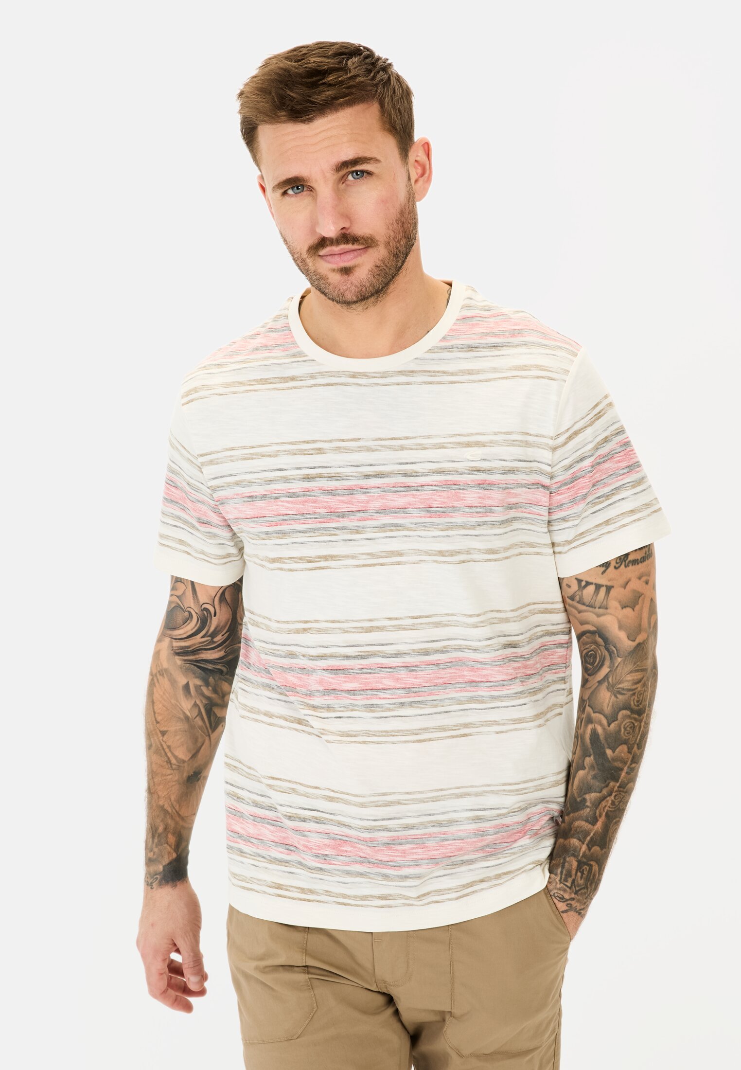 Men T-shirt with striped pattern made of cotton Red worn front