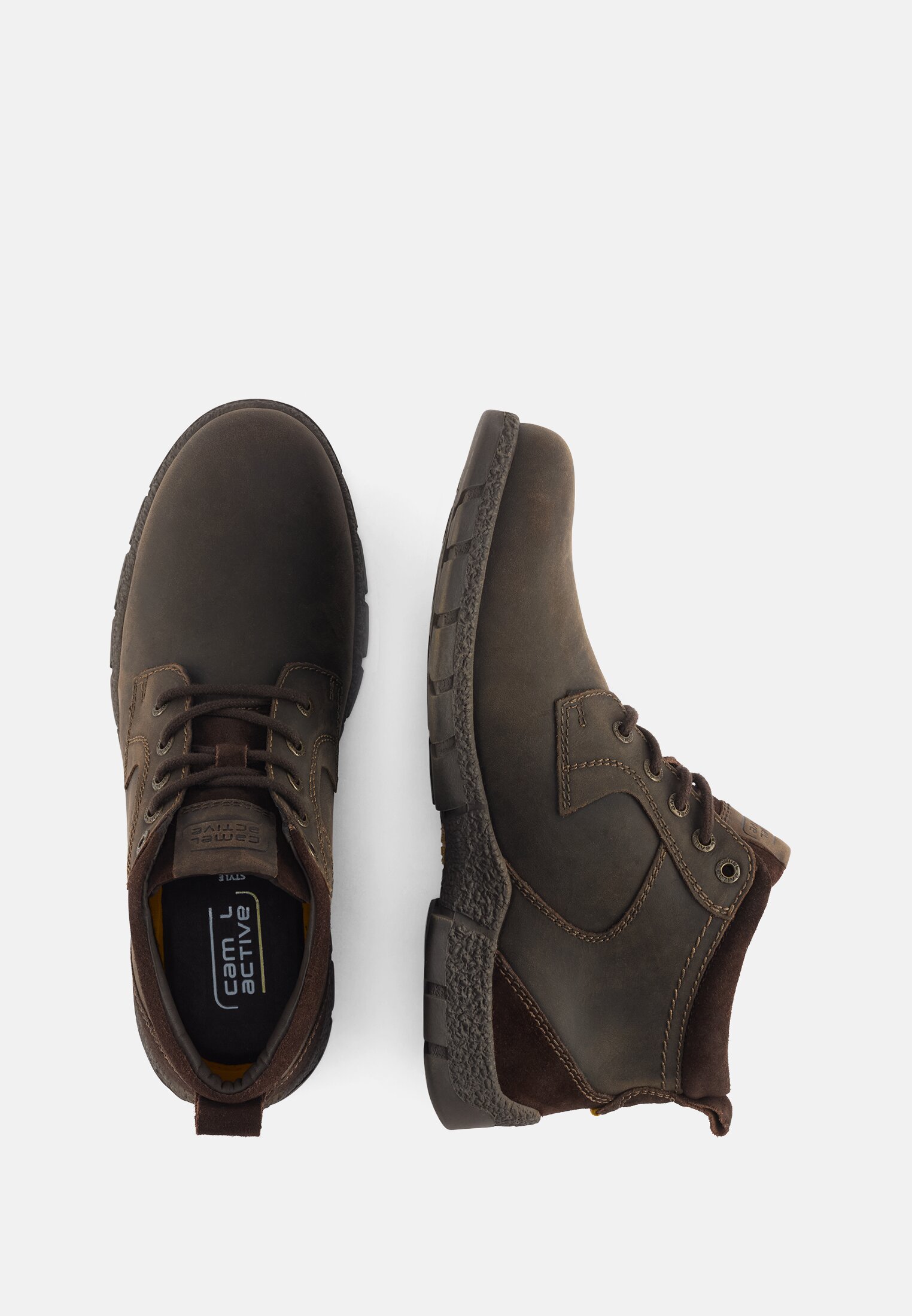 Vorderansicht von braunen Schuhen mit Schnürung und seitlichem Reißverschluss.