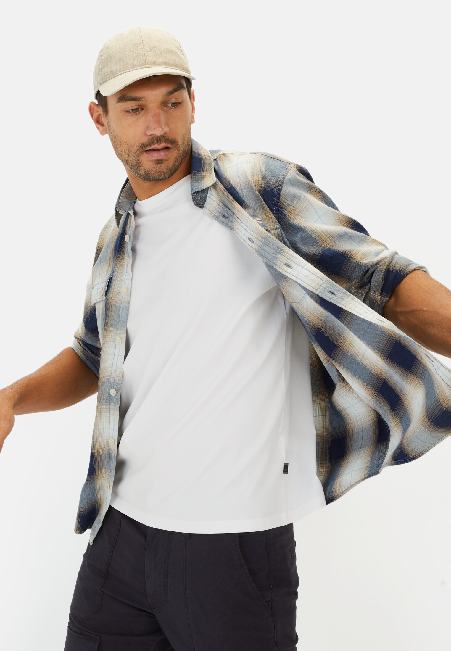 Herren Regular FIt Langarmhemd aus Baumwolle Blau-Beige