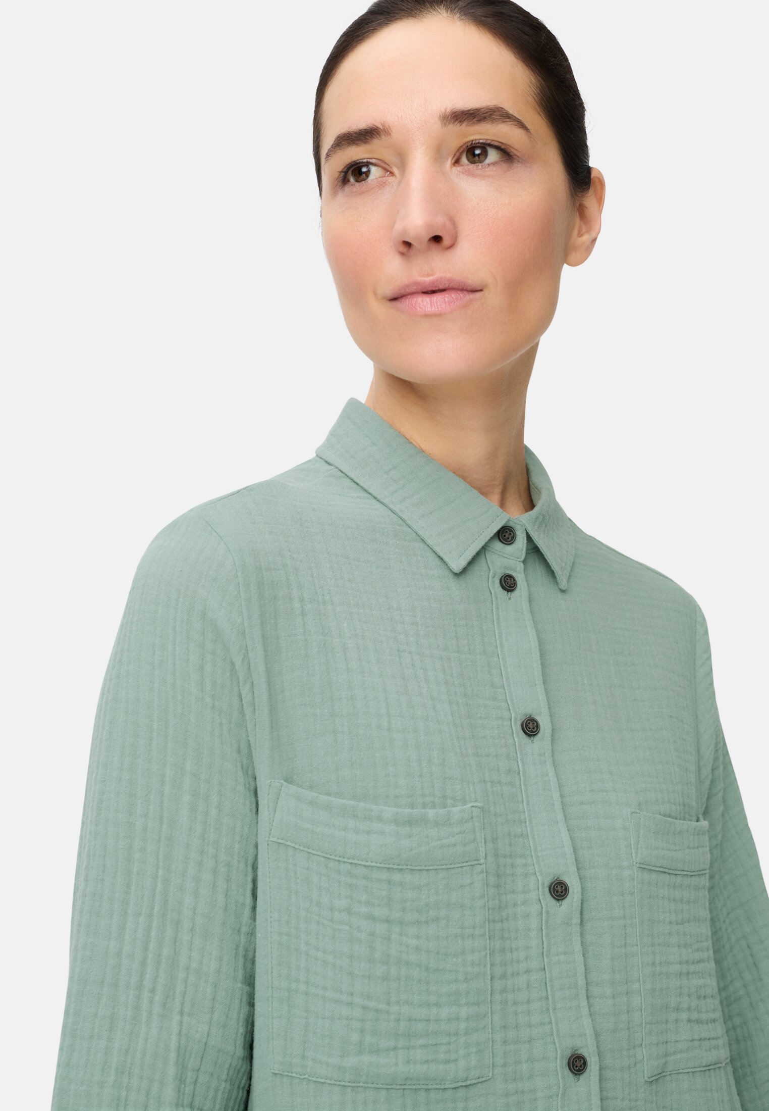 Women Summer dress with button placket Jade Blue worn detail close