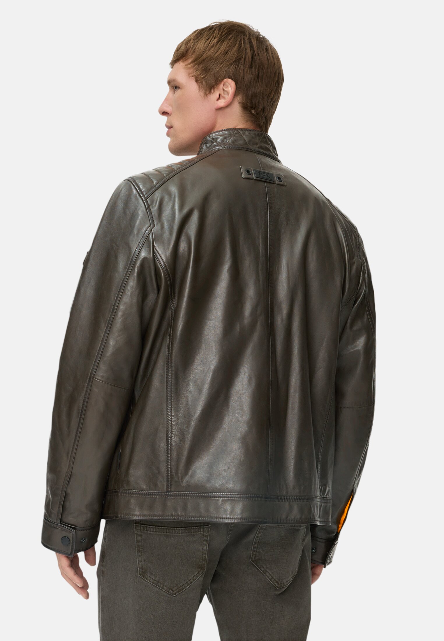 Men Leather biker jacket with stand-up collar Green worn back