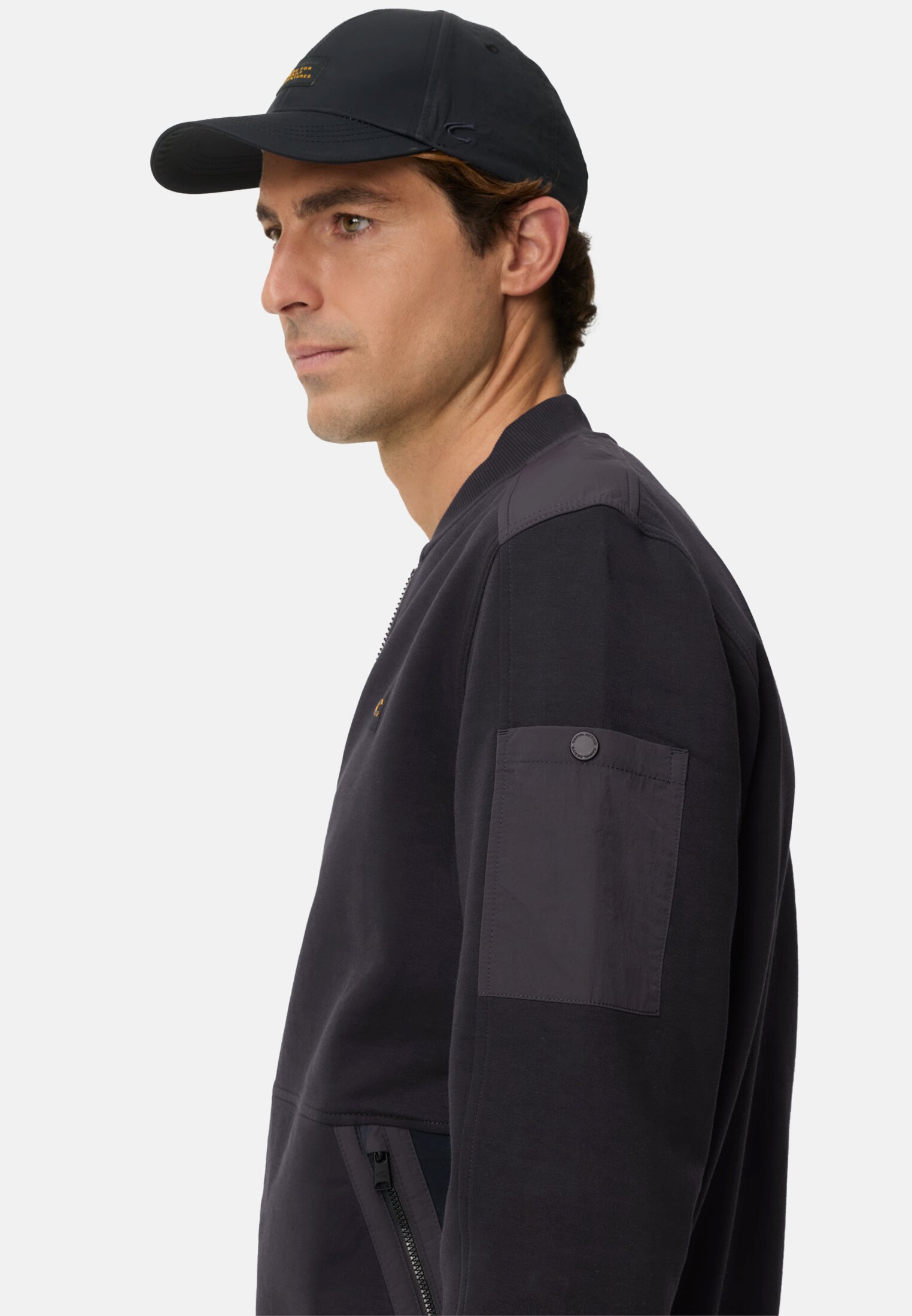 Heren fleXXXactive® Sweatjack met rits Donkerblauw gedragen detail dichtbij  