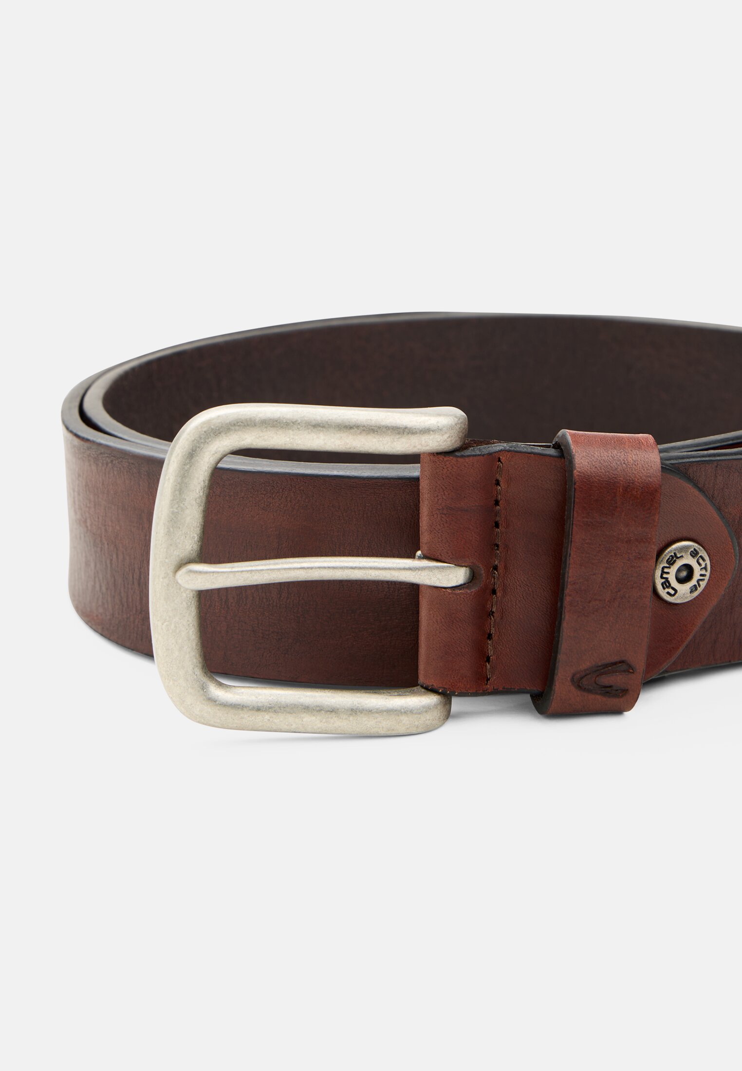 Men Leather belt with adjustable details Dark brown frontal top