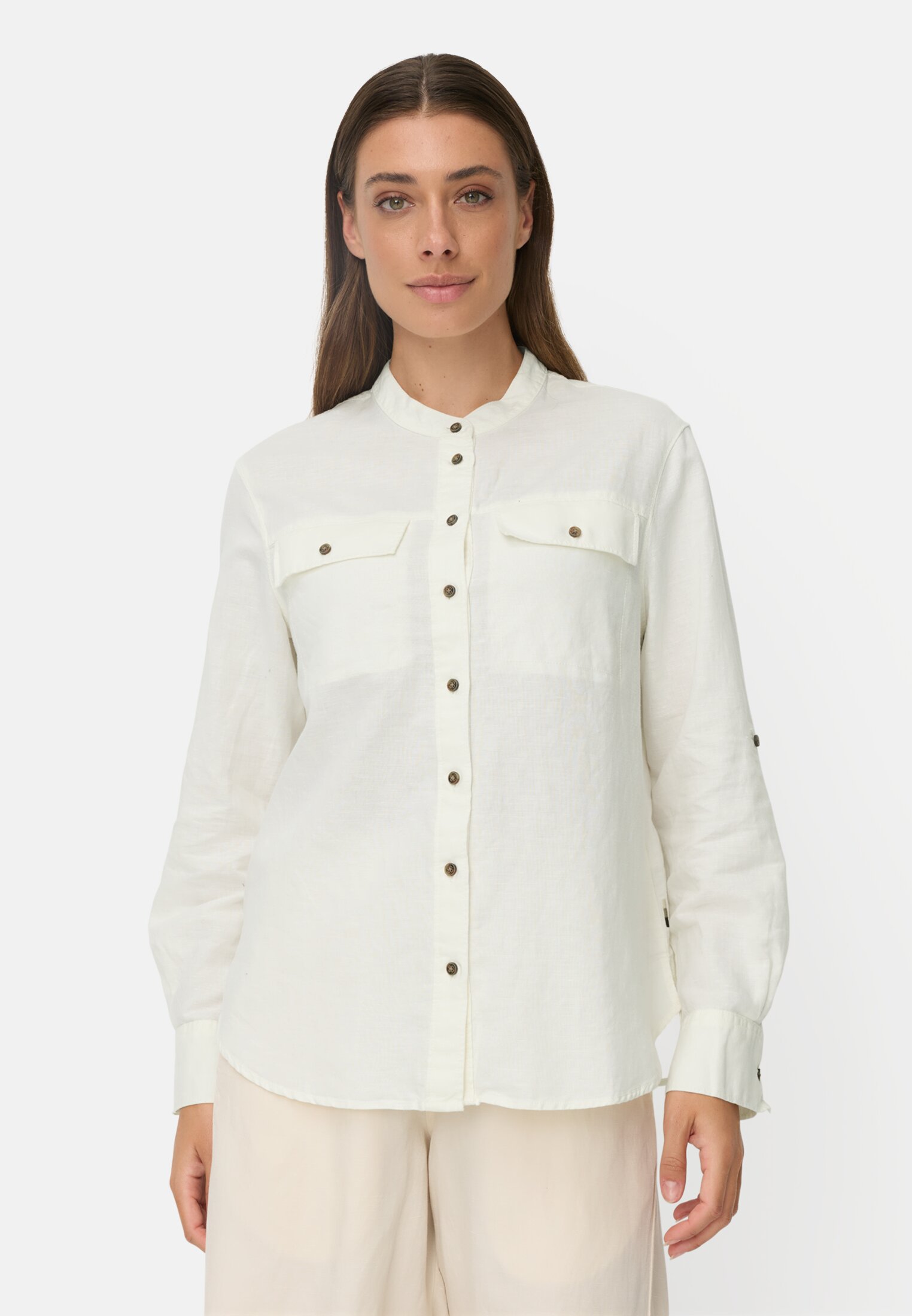 Women Blouse with stand-up collar and button placket Milk White worn front