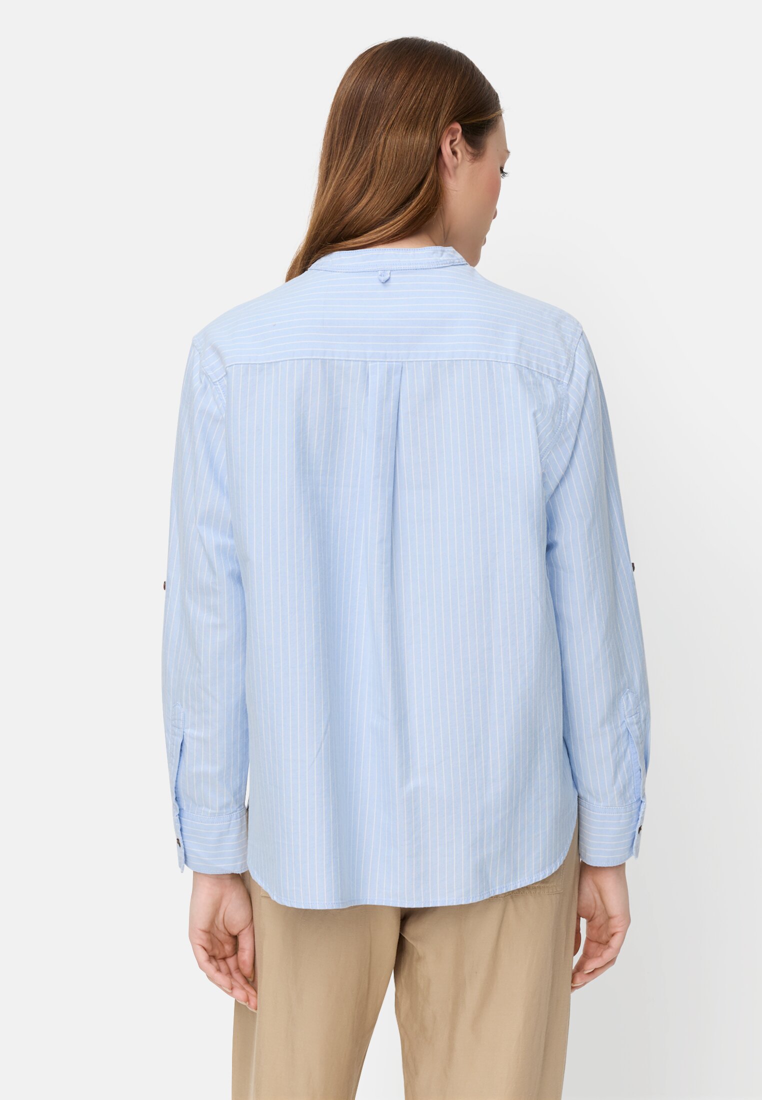 Women Striped blouse with roll-up sleeves Light Blue worn back