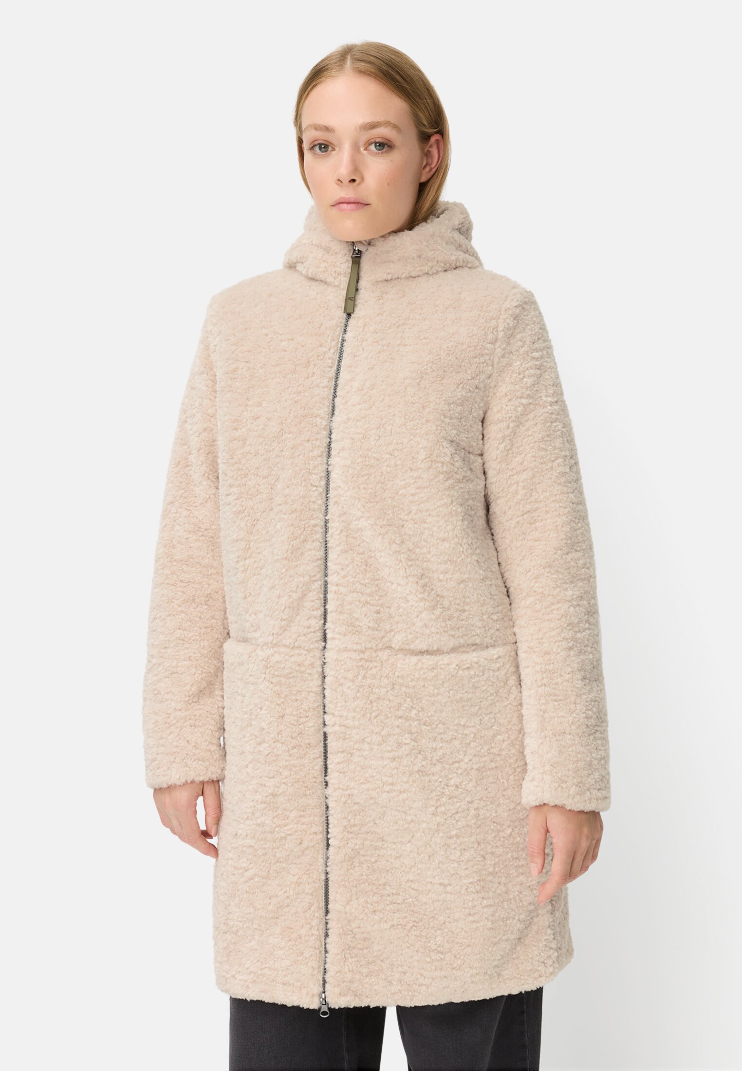 Damen Teddy Mantel mit Kapuze Mandel getragen vorn