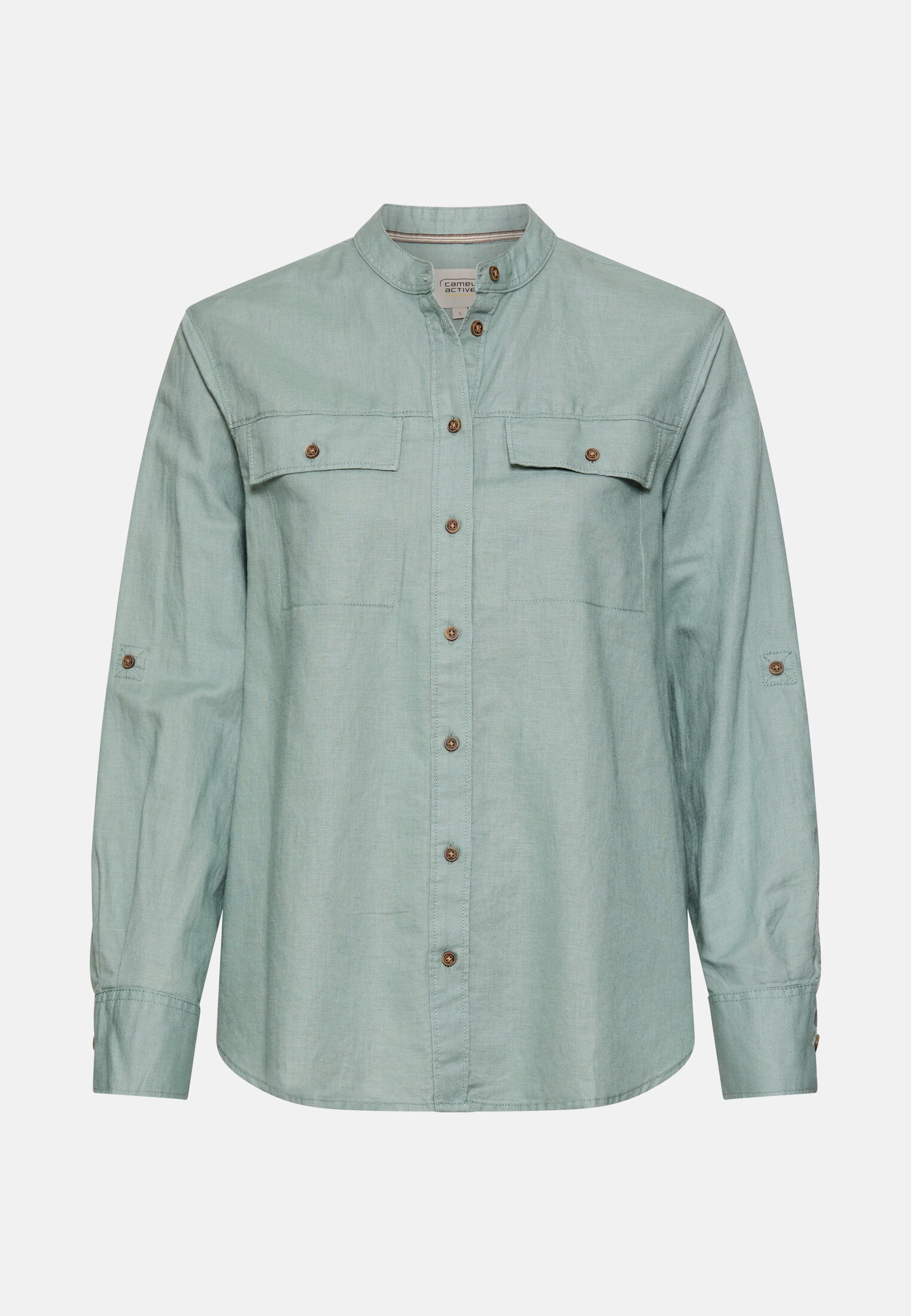 Women Blouse with stand-up collar and button placket Jade Blue frontal front