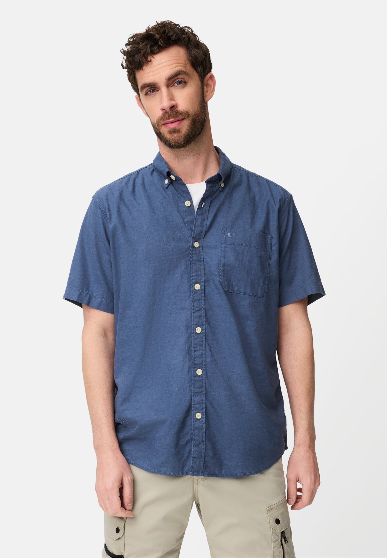 Heren Korte mouwen shirt van linnenmix Indigo Blau gedragen voor