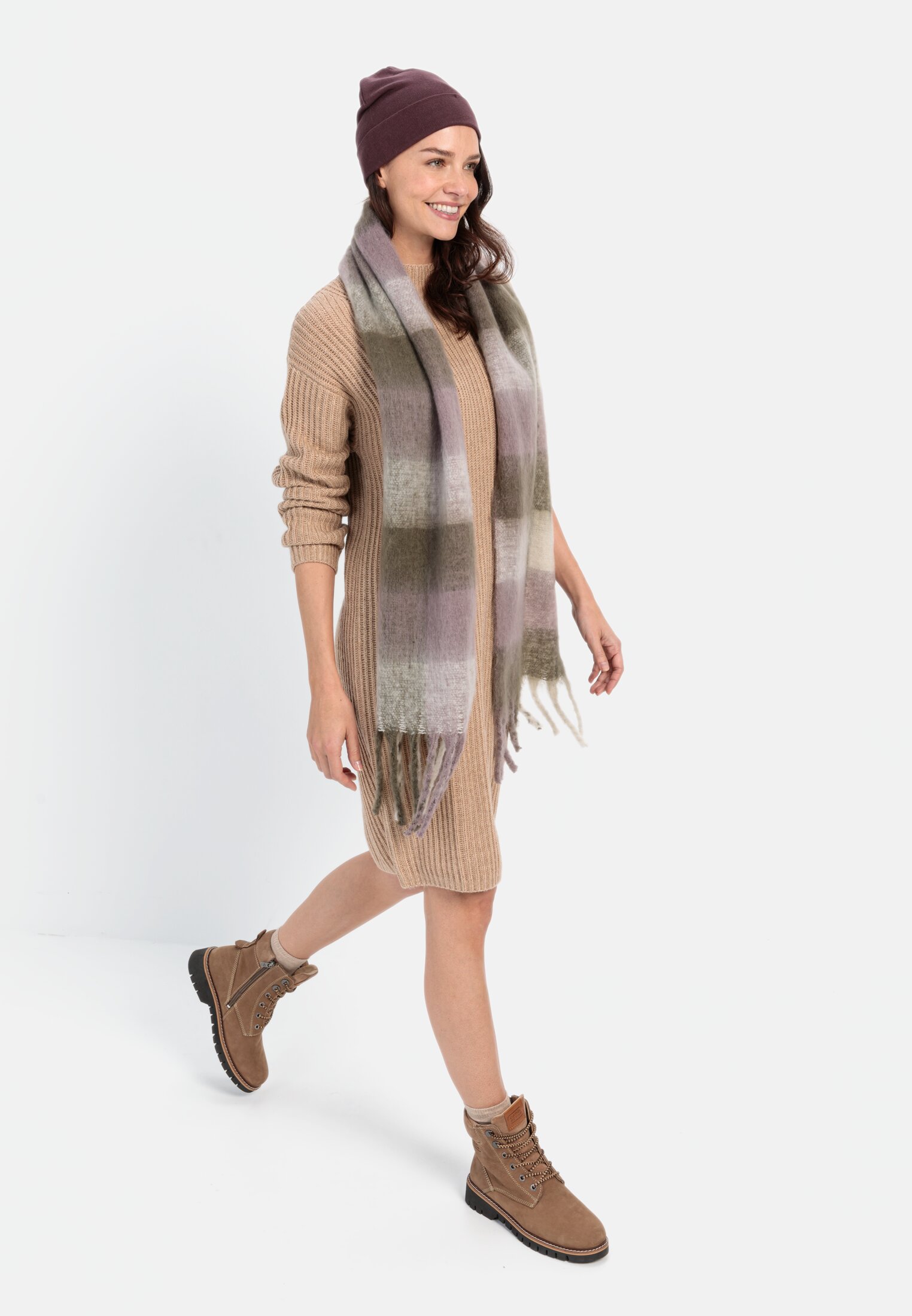 Women Knitted dress with stand-up collar Beige worn front full body