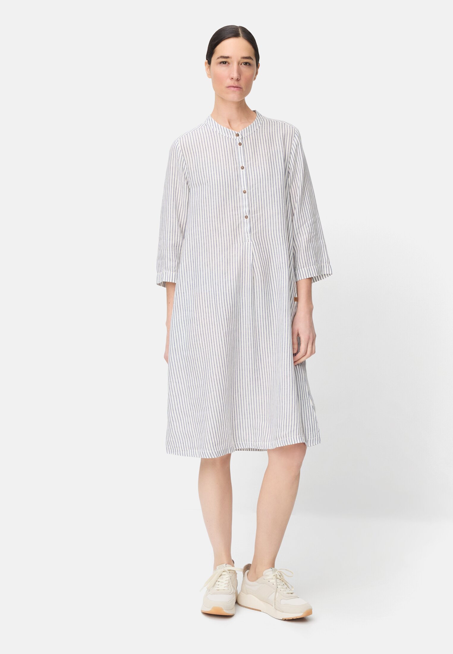 Women Striped dress with a button placket Ocean blue worn front