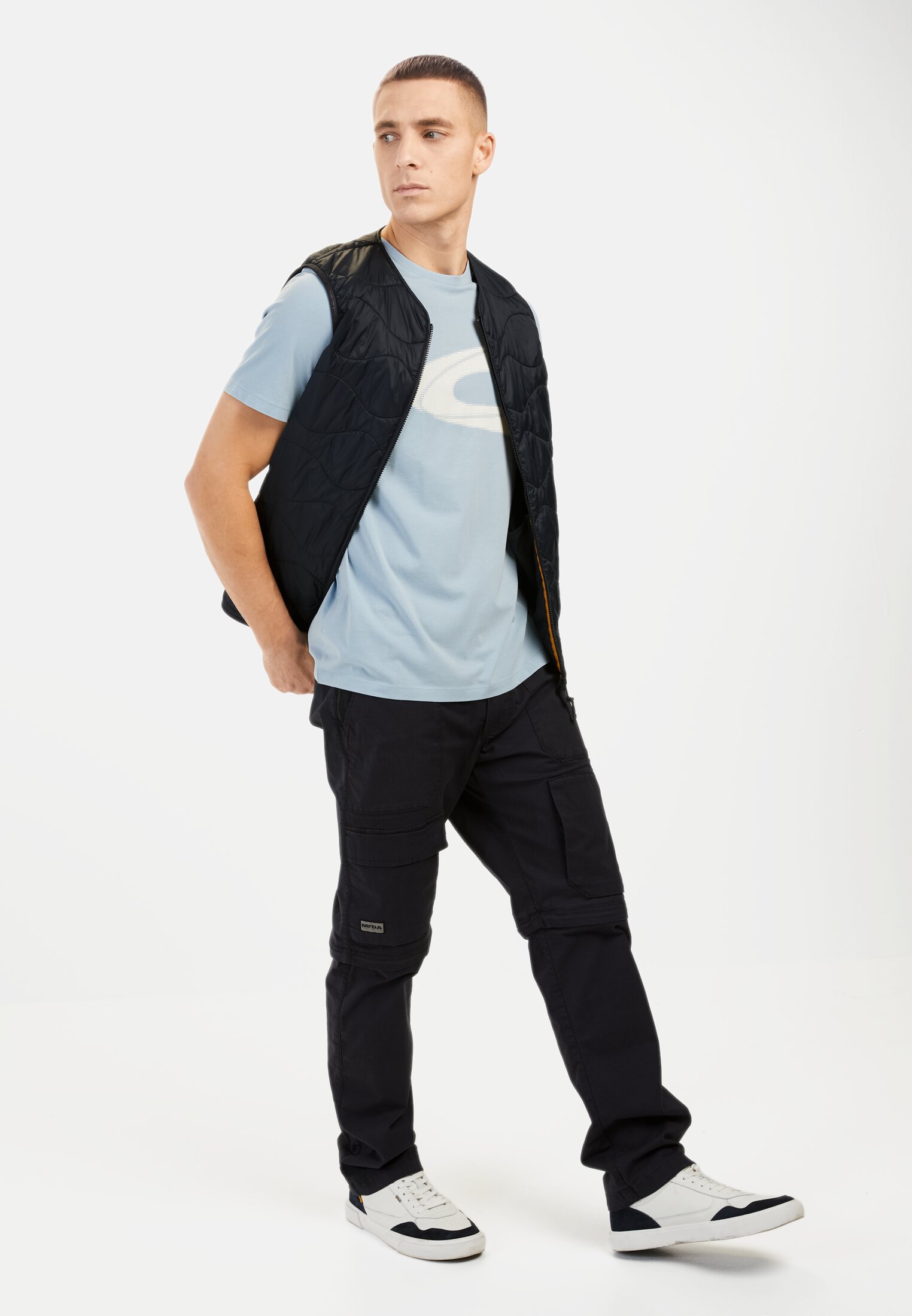 Men T-shirt made from organic cotton Blue worn front full body