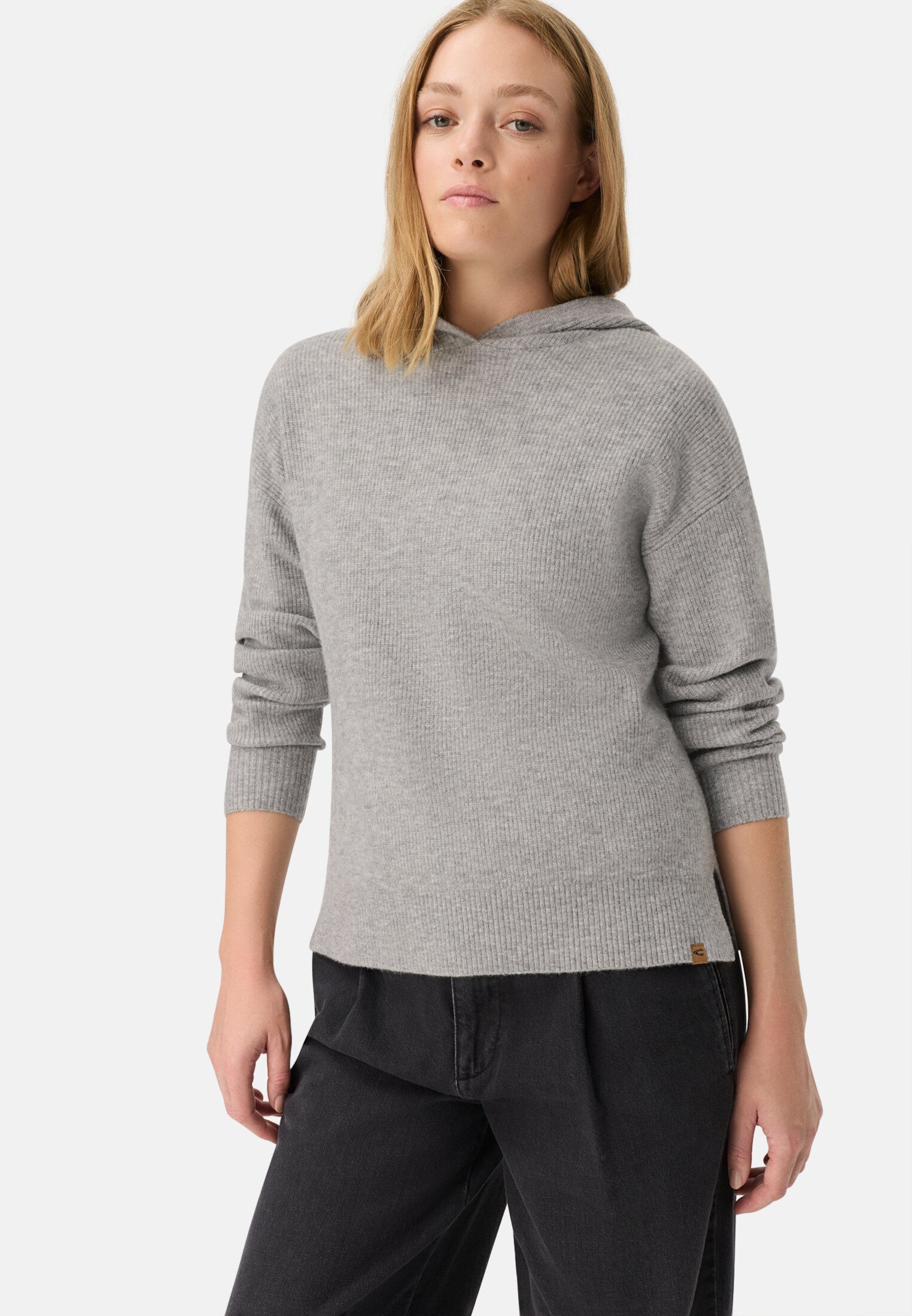 Women Knitted sweater with hood Gray worn emotional