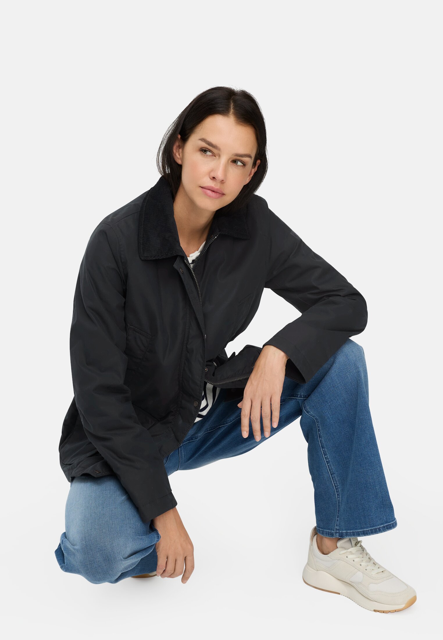 Women Outdoor Jacket with removable hood and corduroy collar Dark blue worn emotional