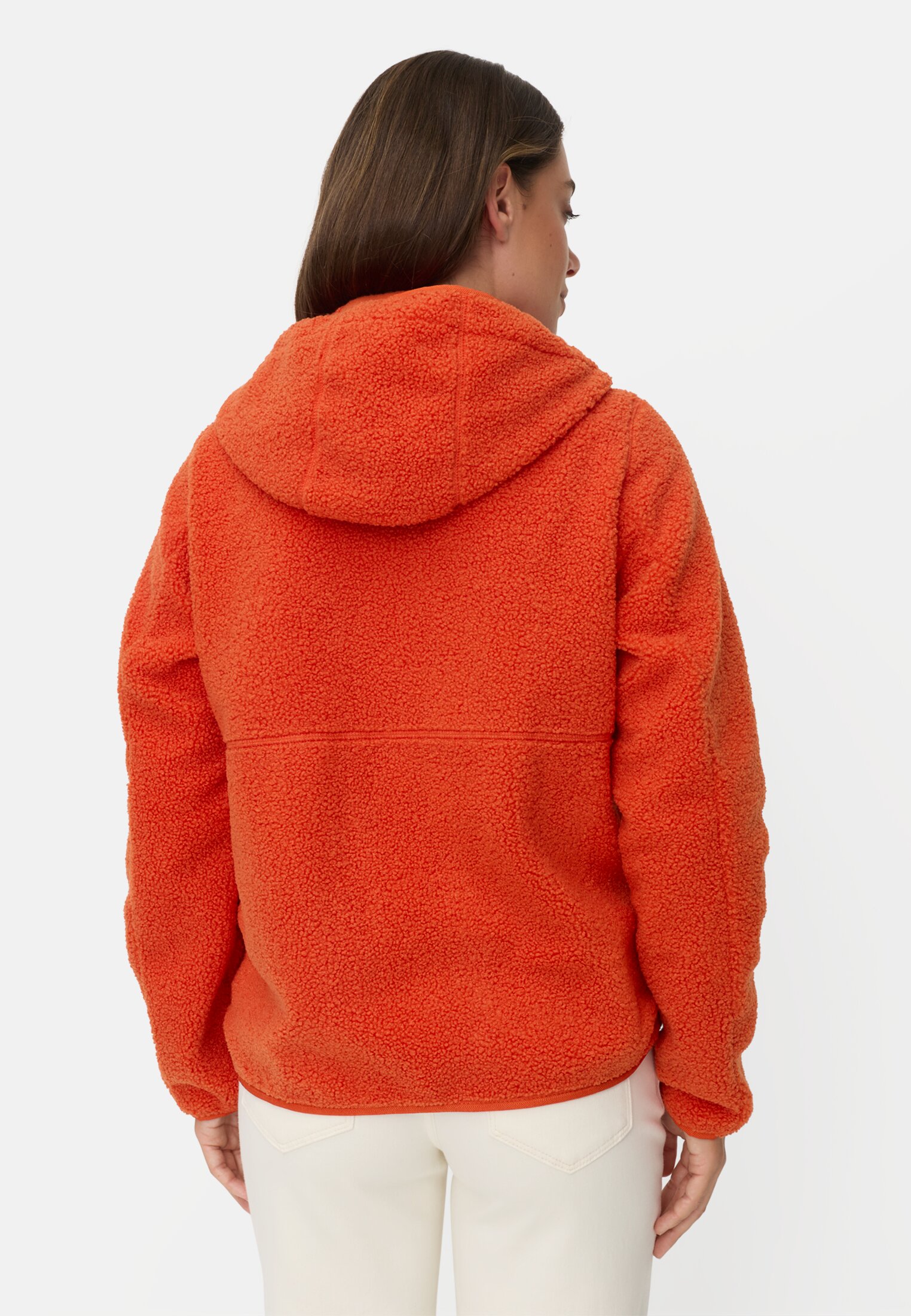 Damen Teddyjacke mit wärmenden Taschenfutter Orange getragen hinten