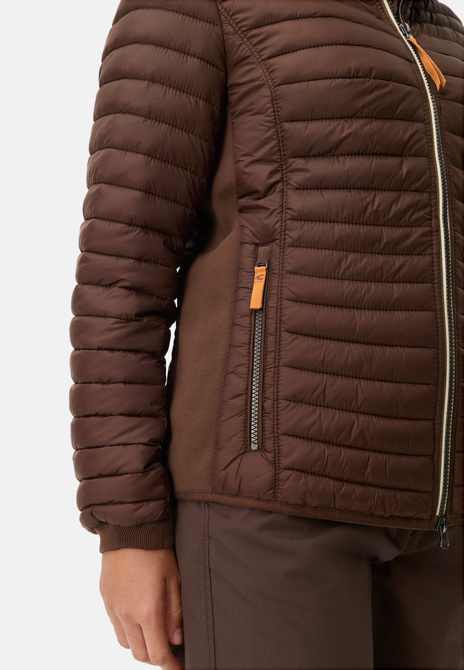 Women Windproof jacket with side knit insert Brown worn detail close