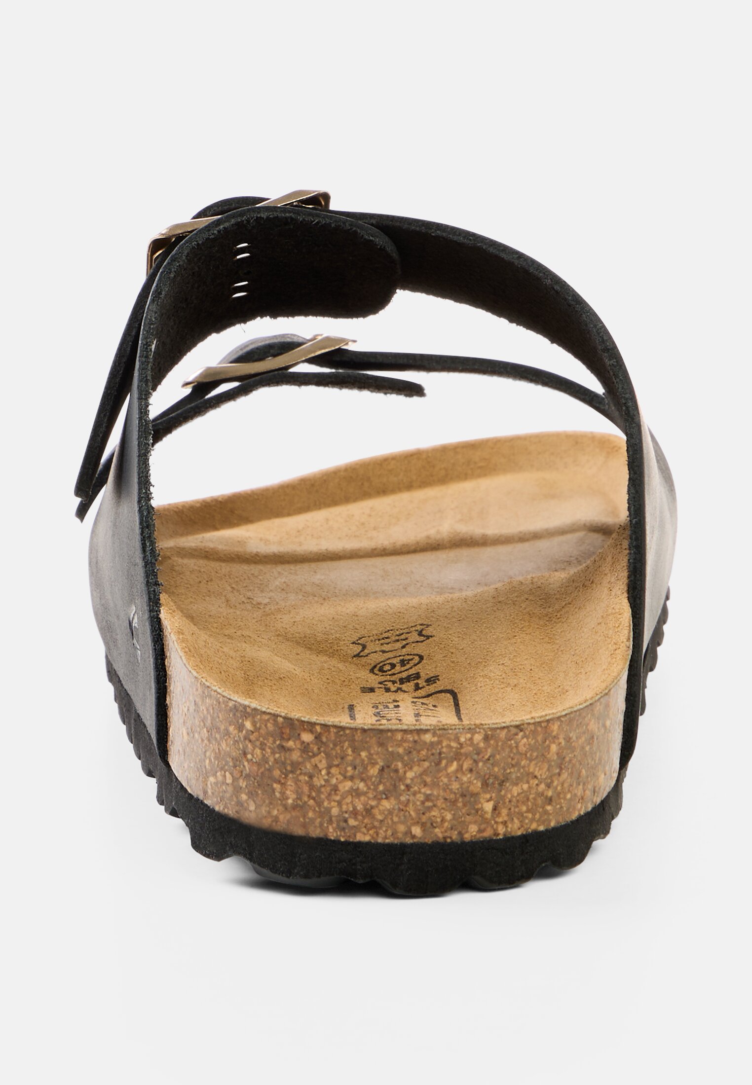 Damen Leder Pantolette mit Korkfußbett Schwarz vorne nah