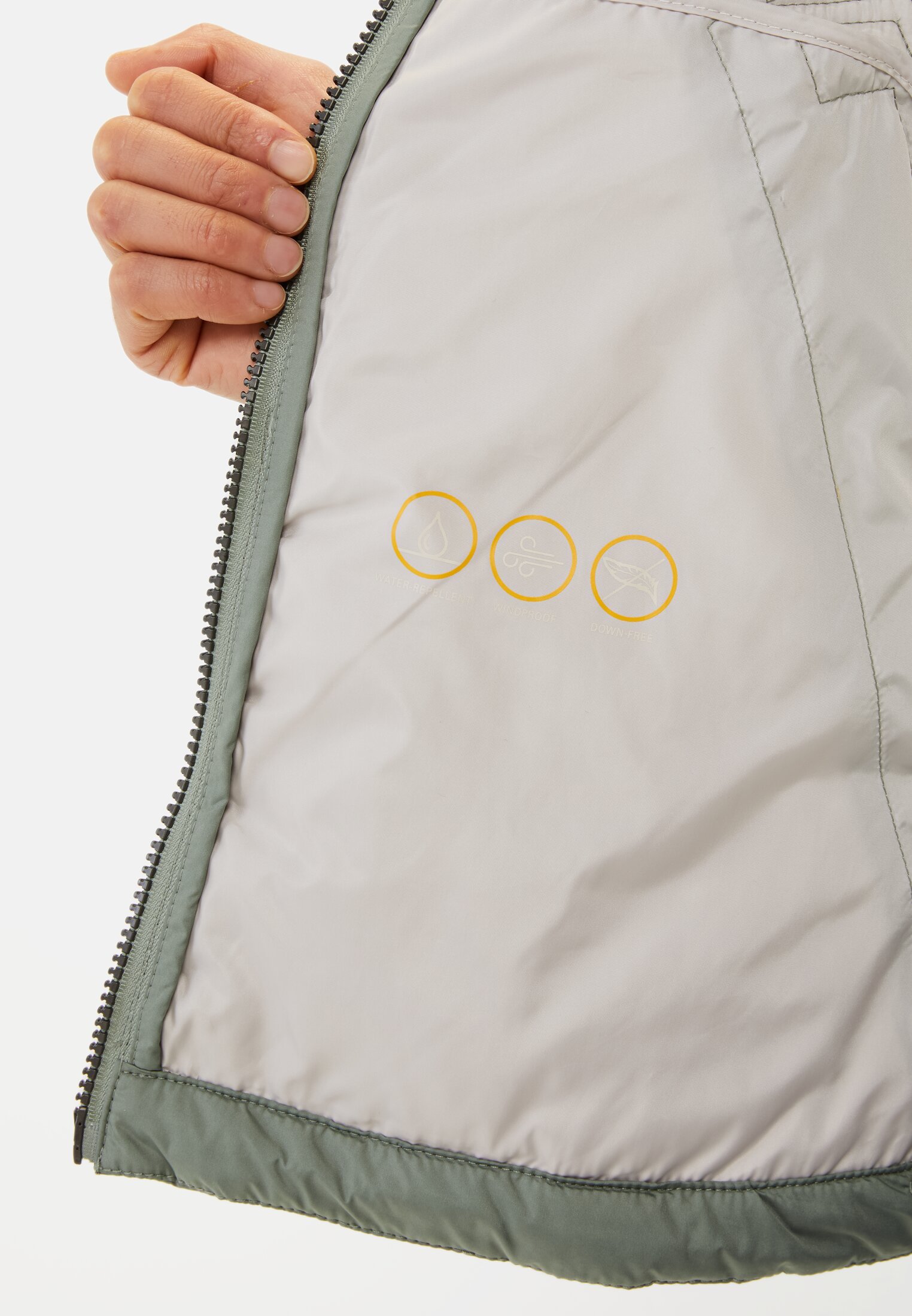 Women Jacket with diamond quilting Light Green worn detail close