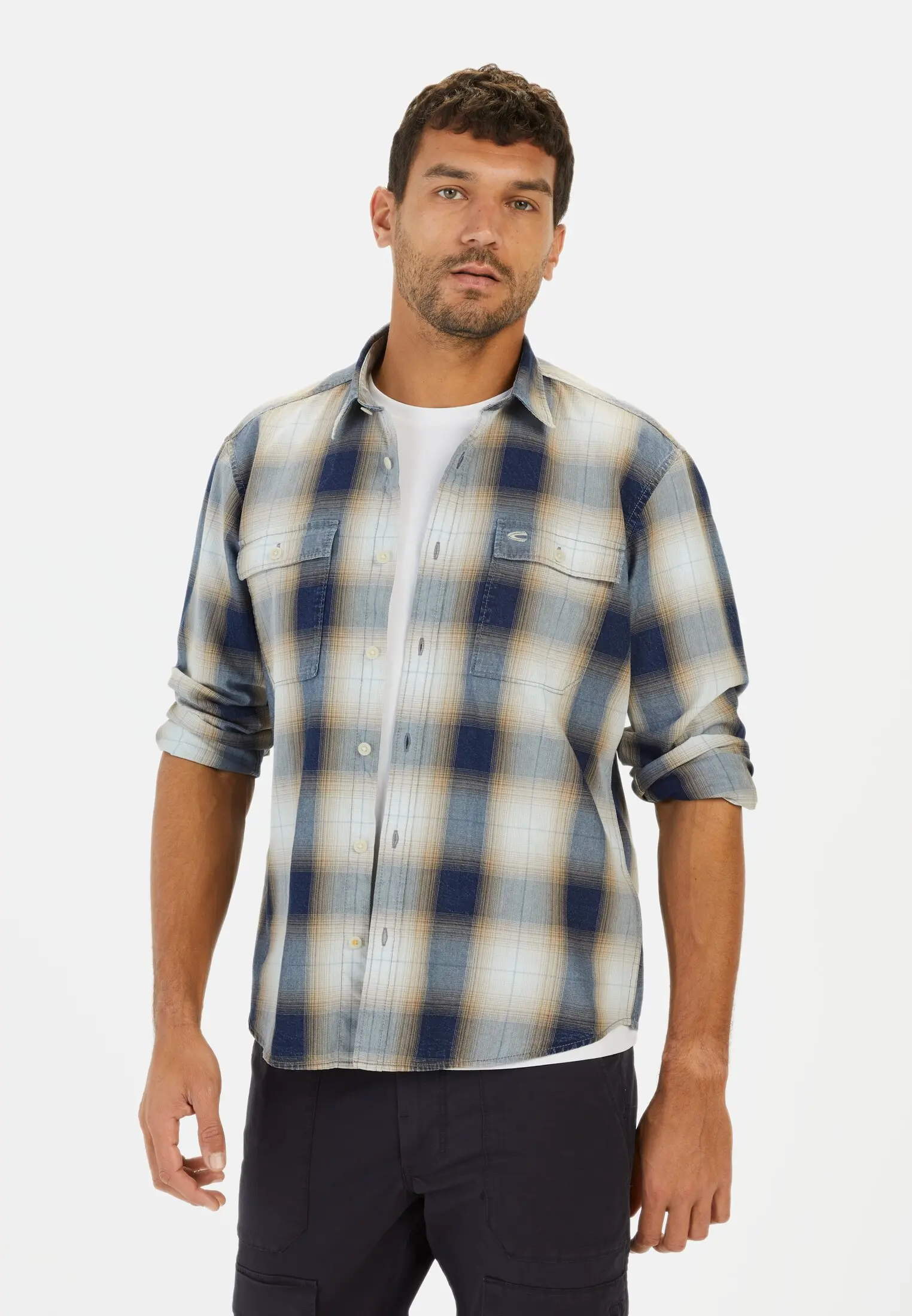 Heren Regular FIt shirt met lange mouwen van katoen Blauw-Beige
